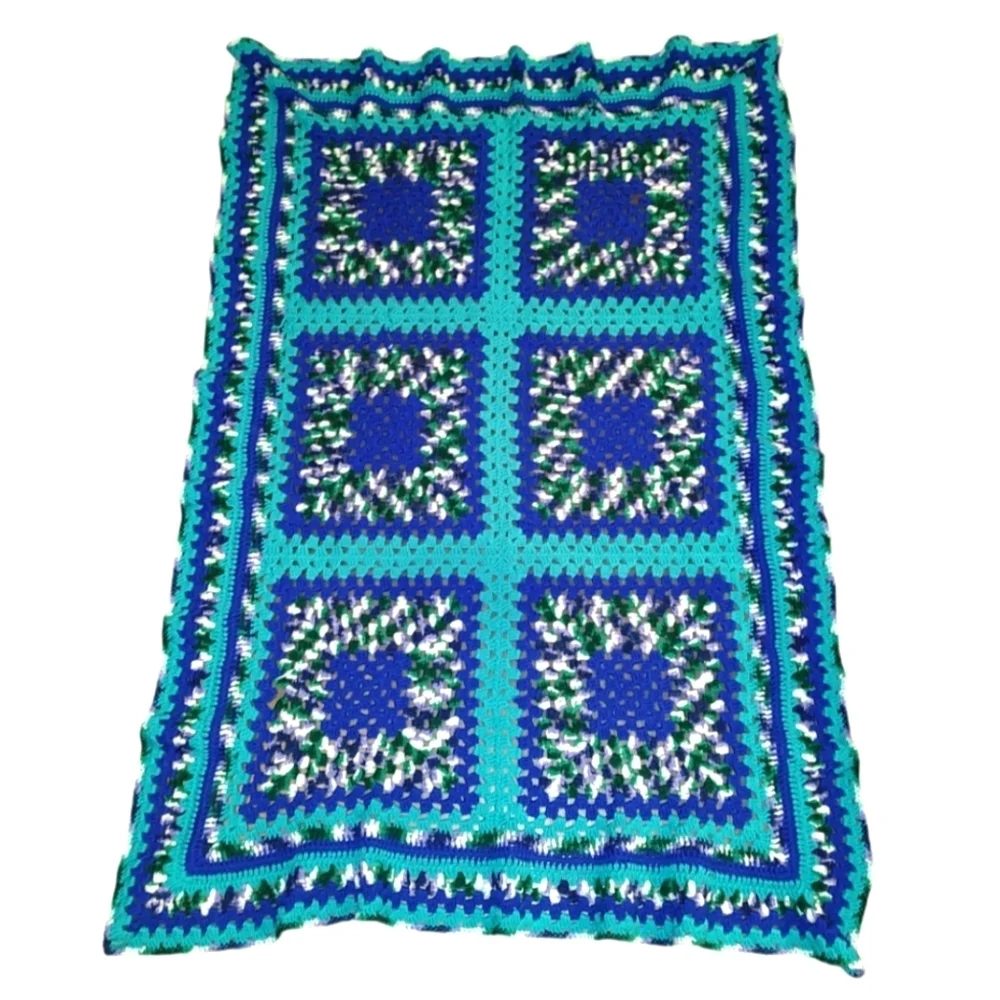 Vintage Blue Crochet Granny Square Throw Blanket